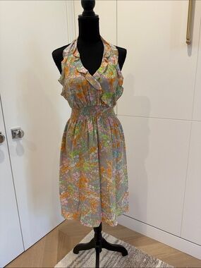 Rebecca Taylor Gray Halter Midi Dress with Pastel Floral